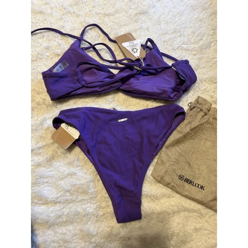 Berlook 2 Piece Strappy Swimsuit Bikini Size S Small Purple Knot Tie NEW W Bag